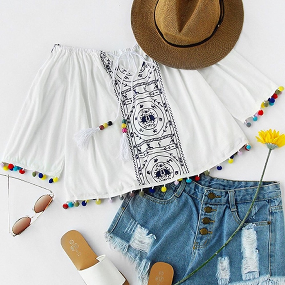 Off Shoulder Tie Front Pom Pom Fringe Trim Blouse - Picture 6 of 6